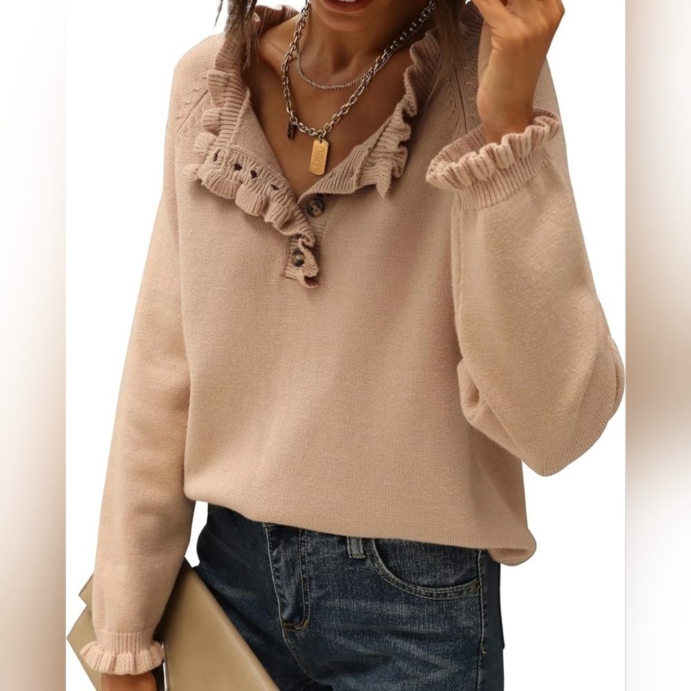 Khaki Knit Ruffle Button Down Henley Pullover Sweater Women's Size L